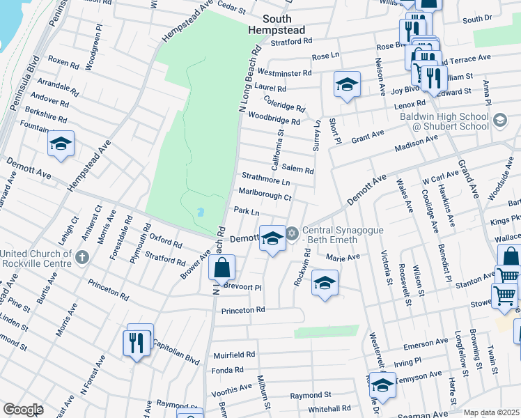 map of restaurants, bars, coffee shops, grocery stores, and more near 43 Park Lane in Rockville Centre
