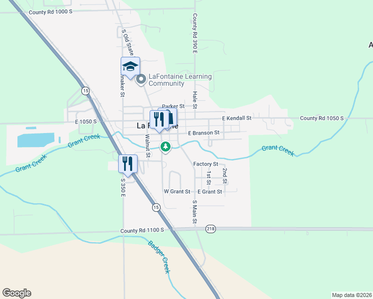 map of restaurants, bars, coffee shops, grocery stores, and more near 203 South Main Street in La Fontaine