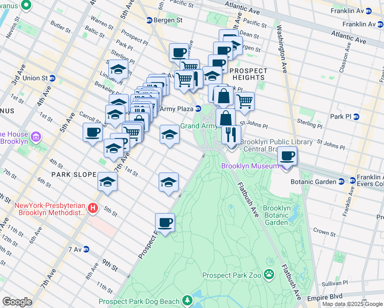 map of restaurants, bars, coffee shops, grocery stores, and more near 1 Prospect Park West in Brooklyn