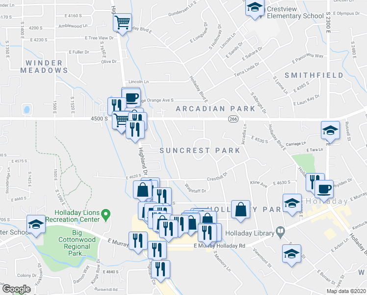 map of restaurants, bars, coffee shops, grocery stores, and more near 1901 East 4560 South in Holladay