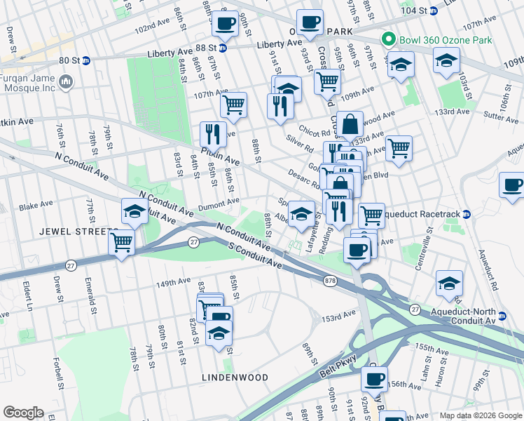map of restaurants, bars, coffee shops, grocery stores, and more near 88-01 Albert Road in Queens