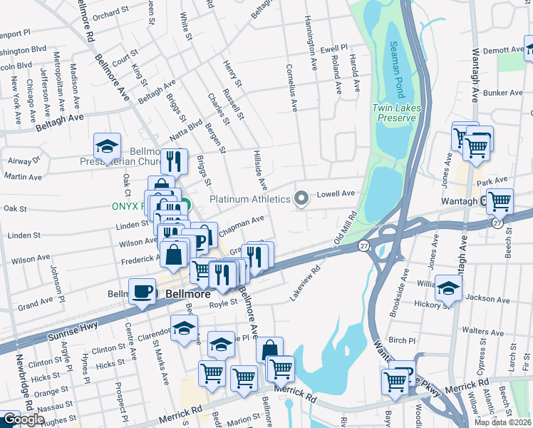 map of restaurants, bars, coffee shops, grocery stores, and more near 216 Chapman Avenue in Bellmore