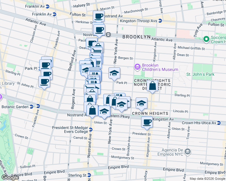 map of restaurants, bars, coffee shops, grocery stores, and more near New York Ave & Sterling Pl in Brooklyn
