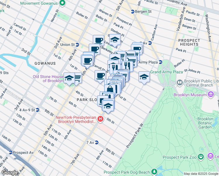 map of restaurants, bars, coffee shops, grocery stores, and more near 425 1st Street in Brooklyn