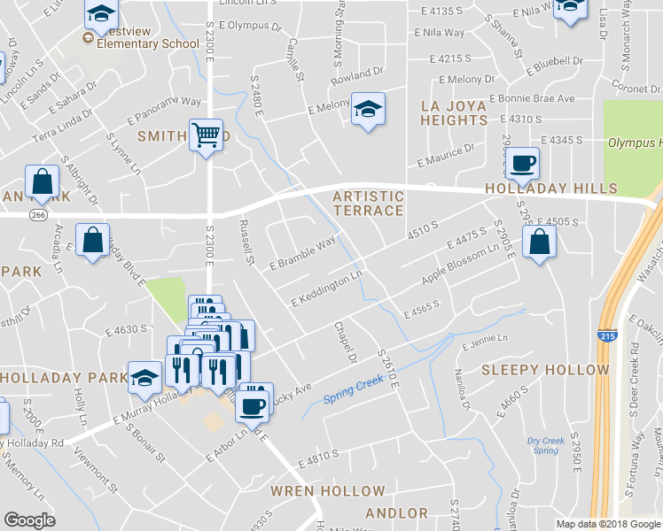 map of restaurants, bars, coffee shops, grocery stores, and more near 2571 4510 South in Holladay