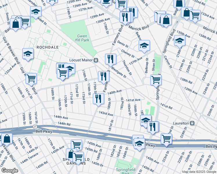 map of restaurants, bars, coffee shops, grocery stores, and more near 137-57 Farmers Blvd in Queens