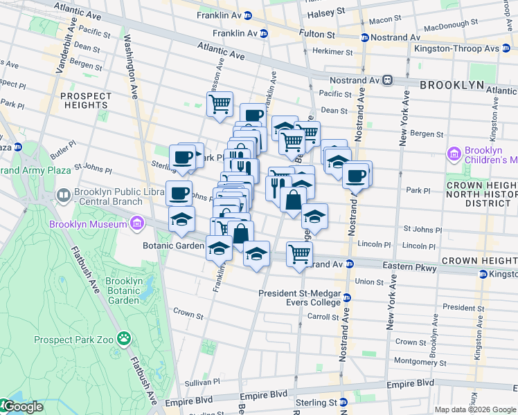map of restaurants, bars, coffee shops, grocery stores, and more near 665 Saint Johns Place in Brooklyn
