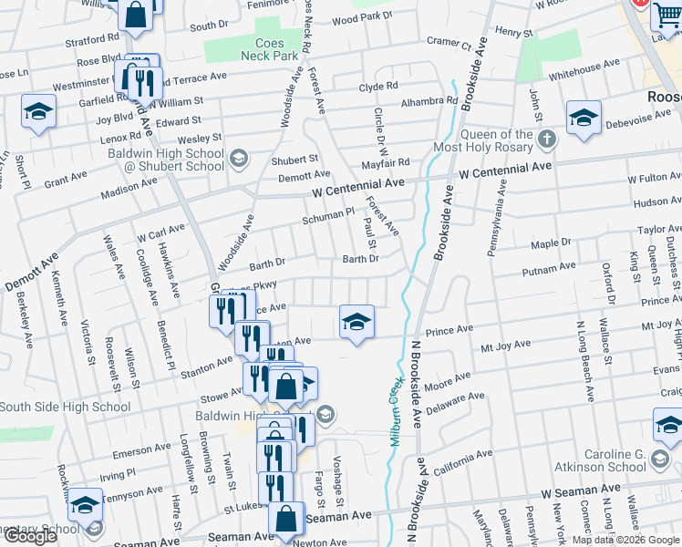 map of restaurants, bars, coffee shops, grocery stores, and more near 939 Kings Parkway in Baldwin