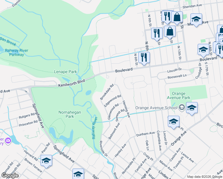 map of restaurants, bars, coffee shops, grocery stores, and more near 32 Brookdale Rd in Cranford
