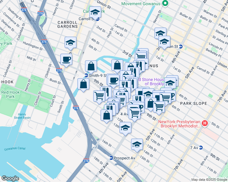map of restaurants, bars, coffee shops, grocery stores, and more near 141 9th Street in Brooklyn