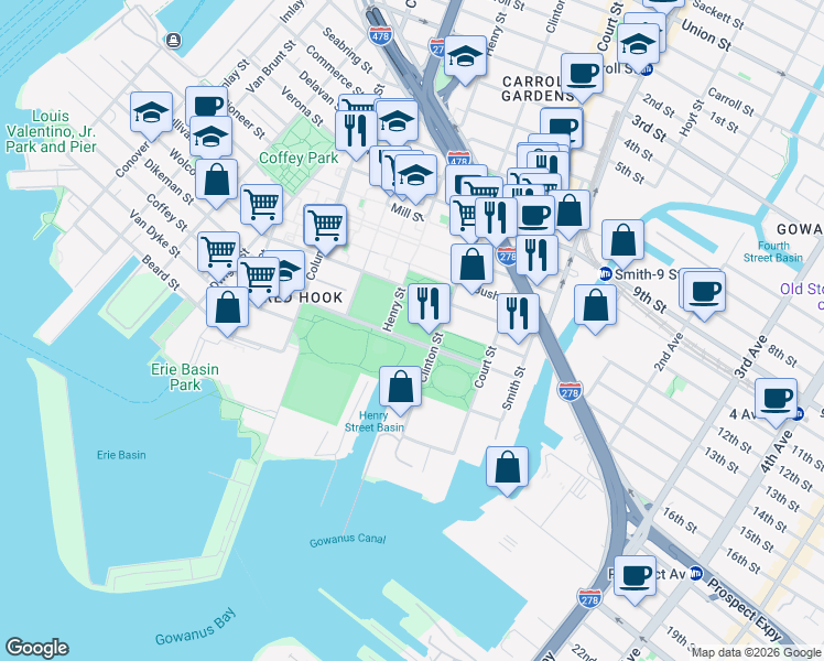 map of restaurants, bars, coffee shops, grocery stores, and more near 155 Bay Street in Brooklyn