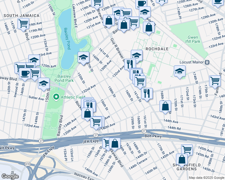 map of restaurants, bars, coffee shops, grocery stores, and more near 132-47 158th Street in Queens