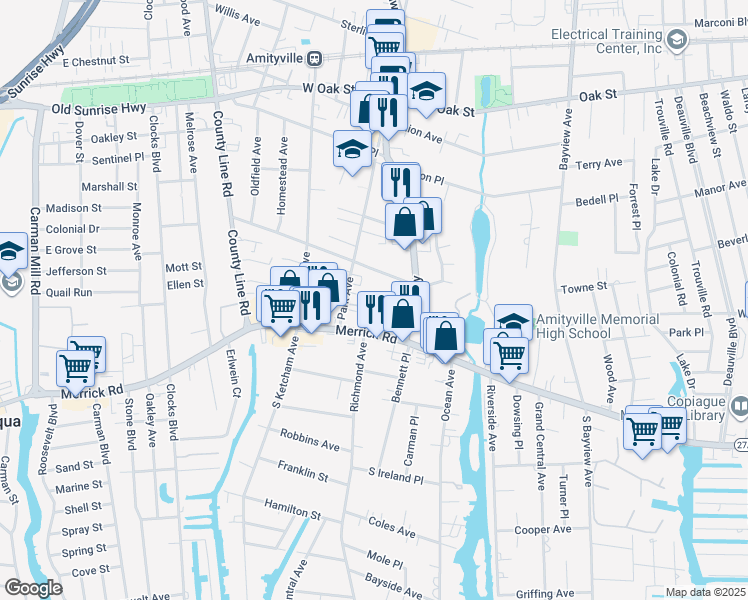 map of restaurants, bars, coffee shops, grocery stores, and more near 6 Windsor Court in Amityville