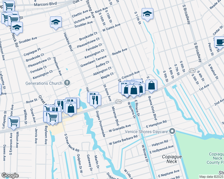 map of restaurants, bars, coffee shops, grocery stores, and more near 304 Cedar Court in Copiague