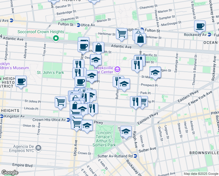 map of restaurants, bars, coffee shops, grocery stores, and more near 1539 Park Place in Brooklyn