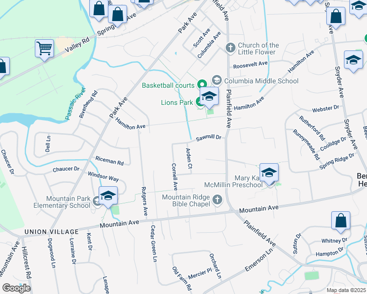 map of restaurants, bars, coffee shops, grocery stores, and more near 84 Sawmill Drive in Berkeley Heights