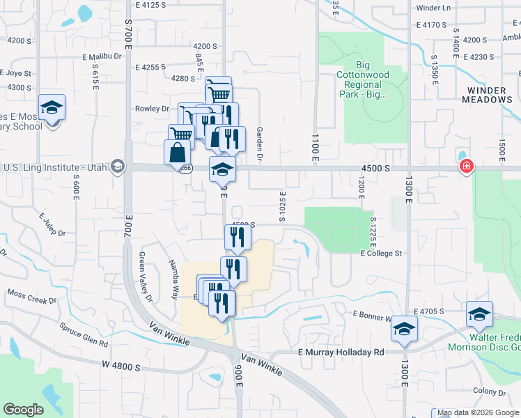 map of restaurants, bars, coffee shops, grocery stores, and more near 950 East 4555 South in Millcreek