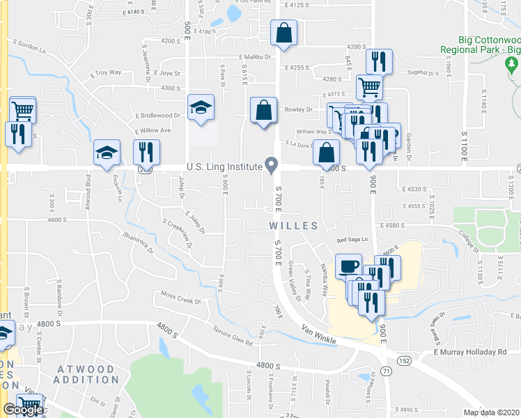 map of restaurants, bars, coffee shops, grocery stores, and more near 657b East Annaston Place in Murray