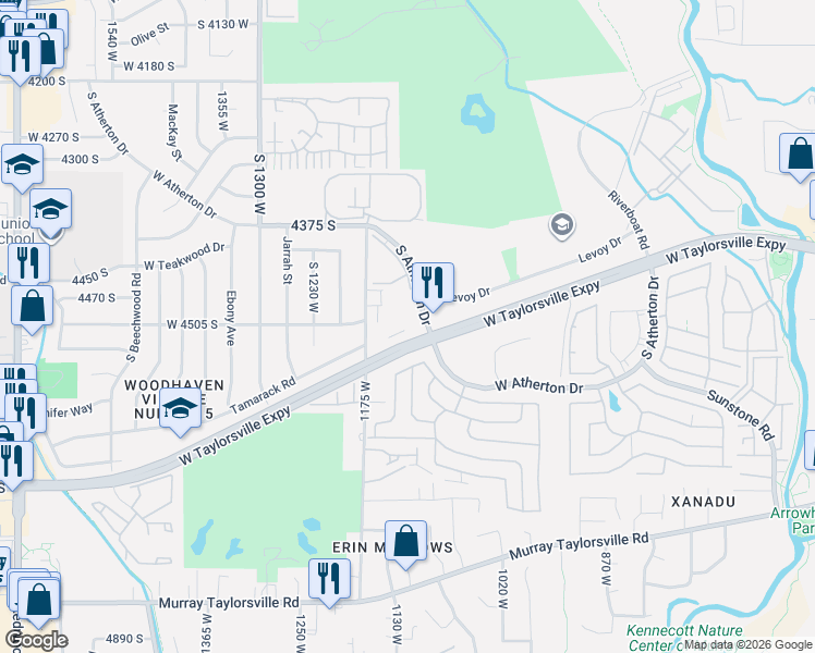 map of restaurants, bars, coffee shops, grocery stores, and more near 4517 1175 West in Murray