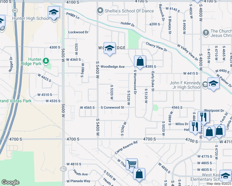 map of restaurants, bars, coffee shops, grocery stores, and more near 5270 Woodtree Circle in Salt Lake City