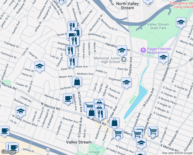 map of restaurants, bars, coffee shops, grocery stores, and more near 278 Dogwood Road in Valley Stream