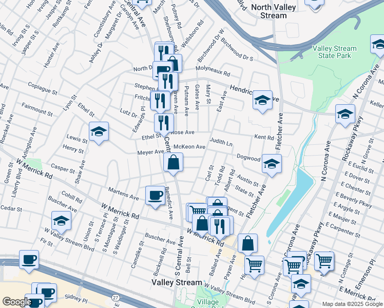 map of restaurants, bars, coffee shops, grocery stores, and more near 23 Remsen Avenue in Valley Stream