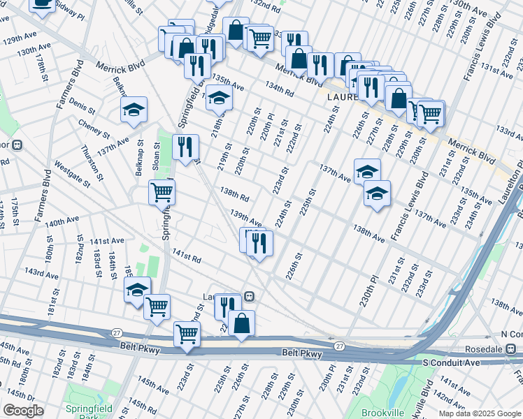 map of restaurants, bars, coffee shops, grocery stores, and more near 138-34 223rd Street in Queens