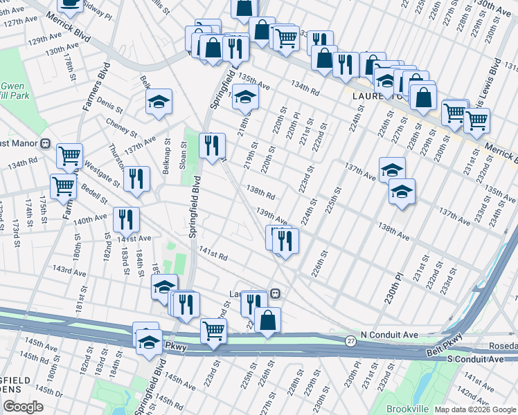 map of restaurants, bars, coffee shops, grocery stores, and more near 139-10 222nd Street in Queens