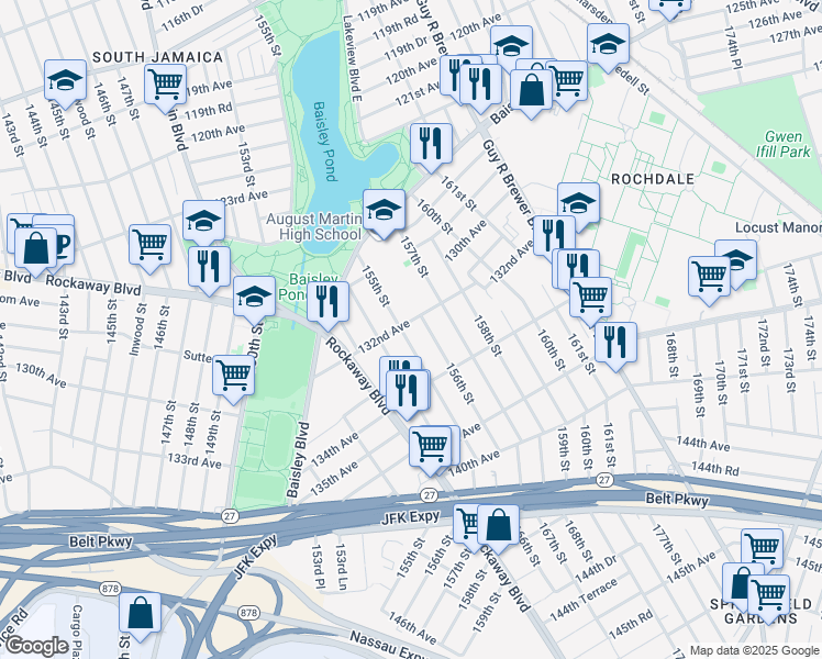 map of restaurants, bars, coffee shops, grocery stores, and more near 155-16 132nd Avenue in Queens