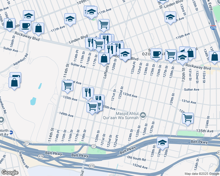 map of restaurants, bars, coffee shops, grocery stores, and more near 130-56 120th Street in Queens