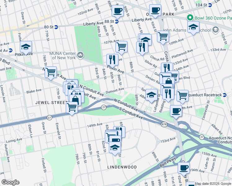 map of restaurants, bars, coffee shops, grocery stores, and more near 84-20 Dumont Avenue in Queens