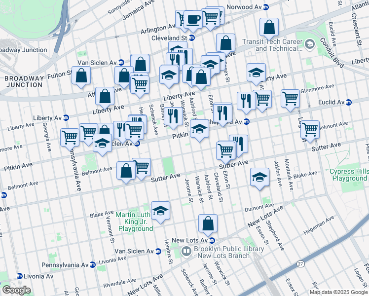 map of restaurants, bars, coffee shops, grocery stores, and more near 456 Warwick Street in Brooklyn