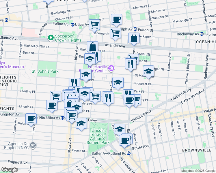 map of restaurants, bars, coffee shops, grocery stores, and more near 1551 Park Place in Brooklyn