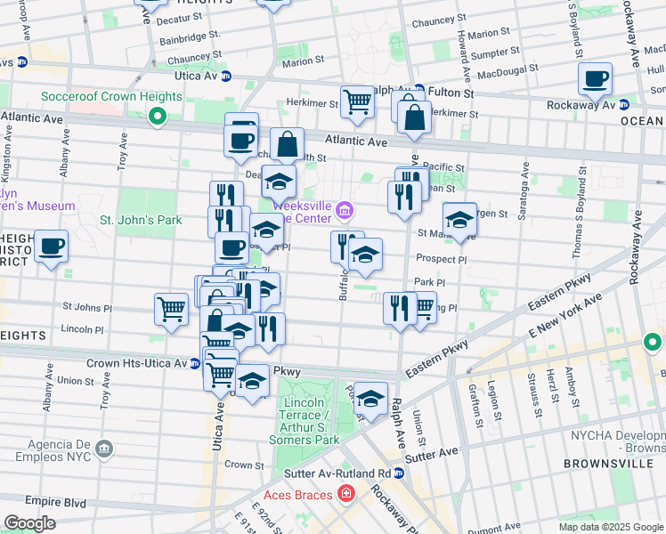 map of restaurants, bars, coffee shops, grocery stores, and more near 1551 Park Place in Brooklyn