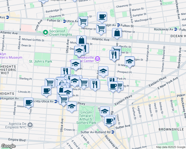 map of restaurants, bars, coffee shops, grocery stores, and more near 1551 Park Place in Brooklyn