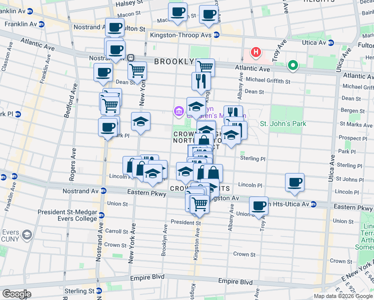 map of restaurants, bars, coffee shops, grocery stores, and more near 1043 Sterling Place in Brooklyn