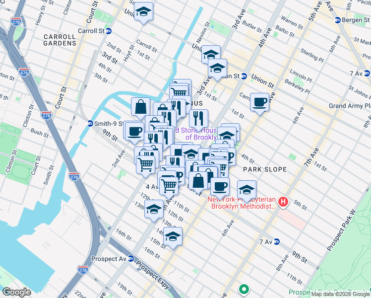 map of restaurants, bars, coffee shops, grocery stores, and more near 415 3rd Avenue in Brooklyn