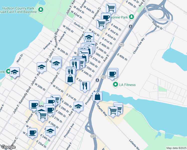 map of restaurants, bars, coffee shops, grocery stores, and more near 556 Avenue E in Bayonne