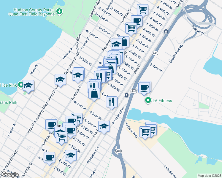 map of restaurants, bars, coffee shops, grocery stores, and more near 38 East 34th Street in Bayonne