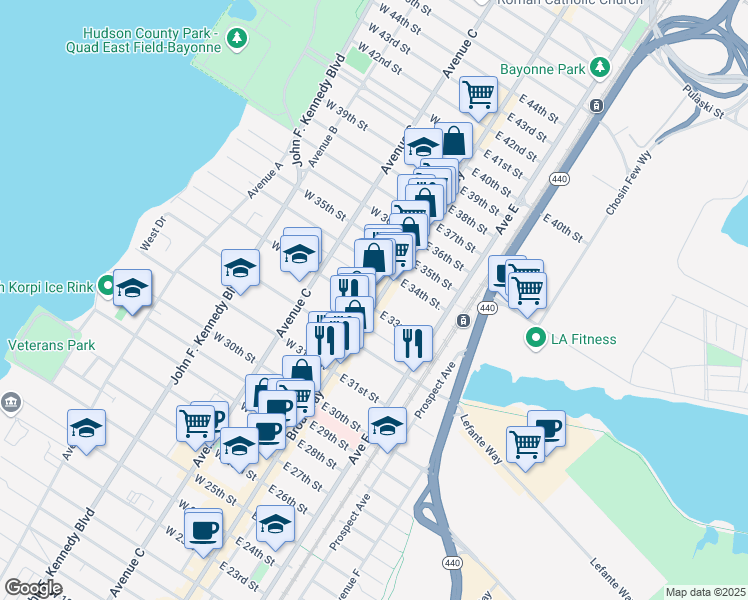 map of restaurants, bars, coffee shops, grocery stores, and more near 15 West 33rd Street in Bayonne