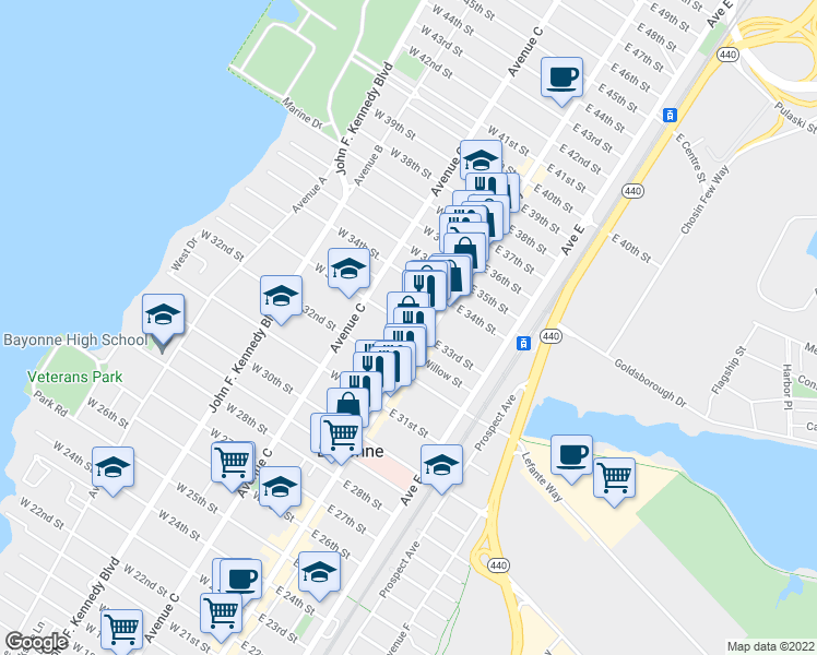 map of restaurants, bars, coffee shops, grocery stores, and more near 15 West 33rd Street in Bayonne