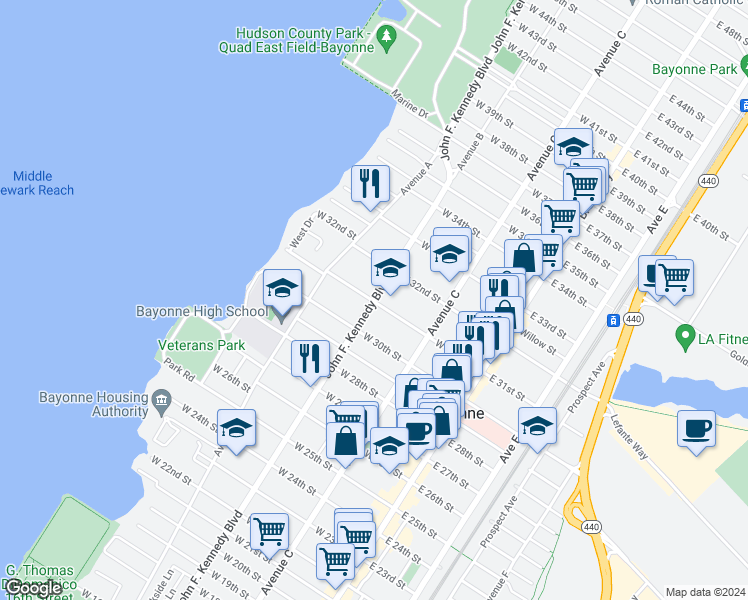 map of restaurants, bars, coffee shops, grocery stores, and more near 100 West 31st Street in Bayonne