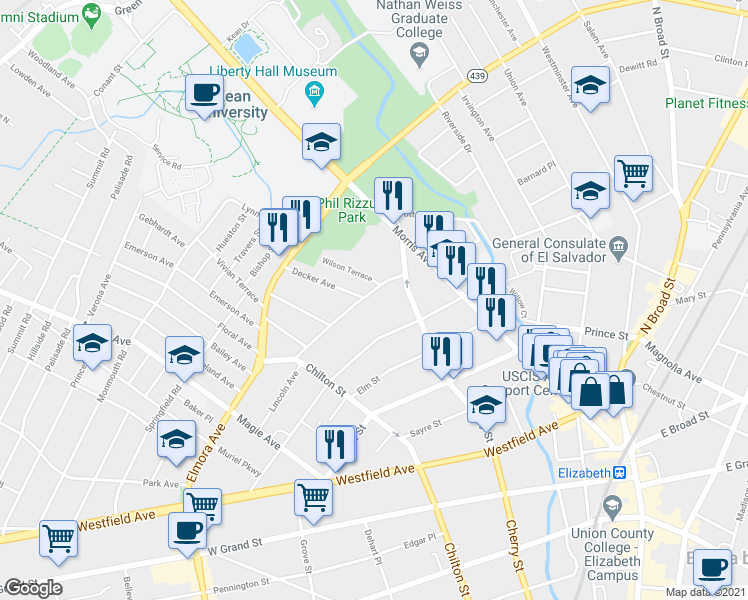 map of restaurants, bars, coffee shops, grocery stores, and more near 118 Lincoln Avenue in Elizabeth