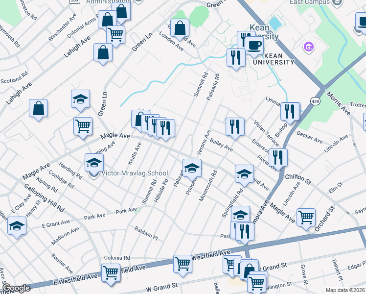 map of restaurants, bars, coffee shops, grocery stores, and more near 311 Hillside Road in Elizabeth