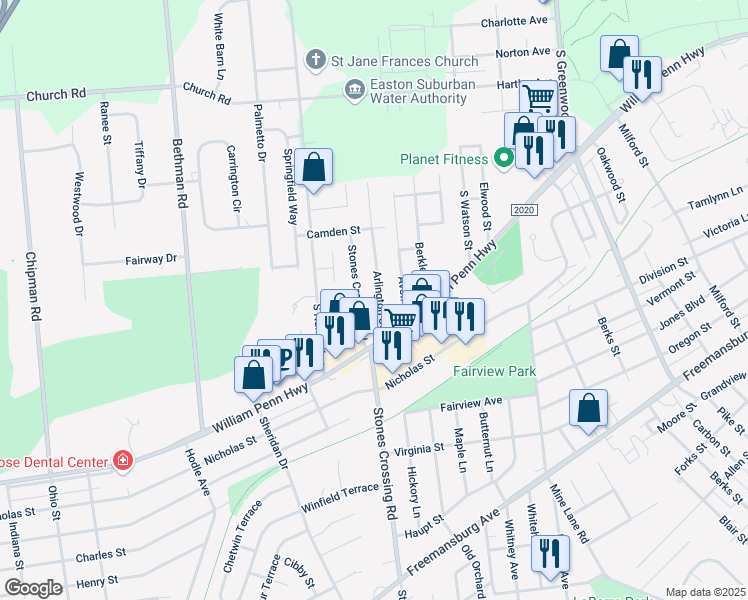 map of restaurants, bars, coffee shops, grocery stores, and more near 415 Stones Crossing Road in Easton