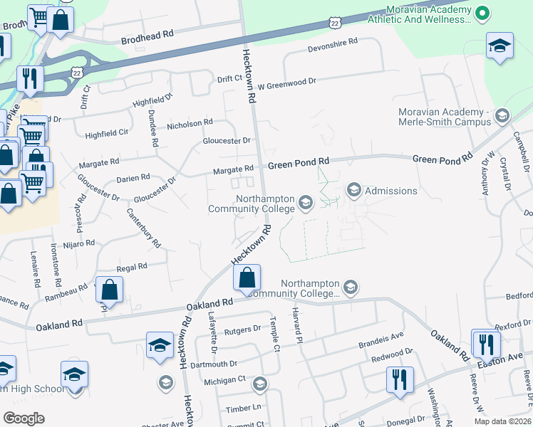 map of restaurants, bars, coffee shops, grocery stores, and more near 3516 Canterbury Court in Bethlehem