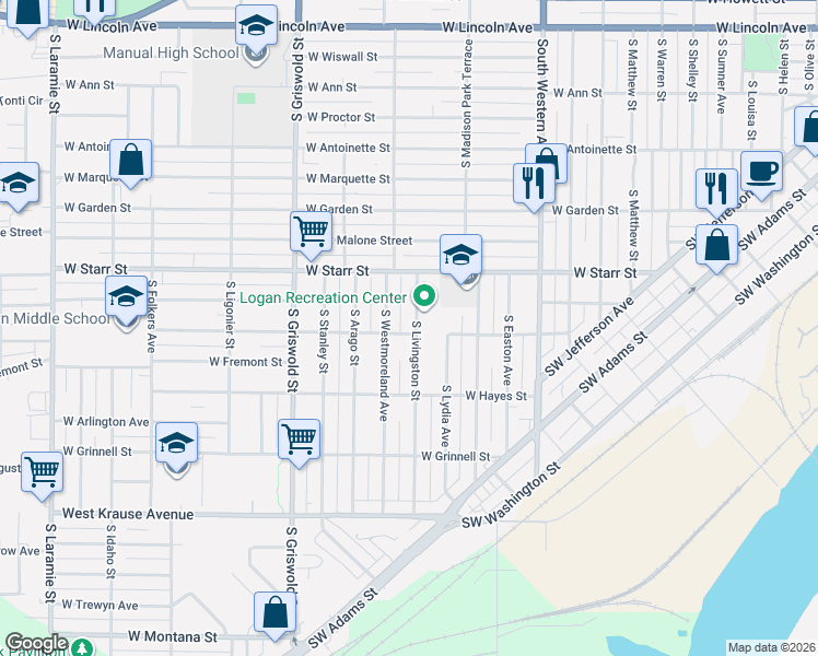 map of restaurants, bars, coffee shops, grocery stores, and more near 1414-1524 South Livingston Street in Peoria