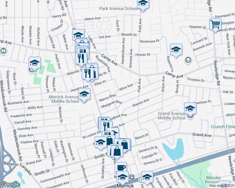 map of restaurants, bars, coffee shops, grocery stores, and more near 2 Alice Avenue in Merrick