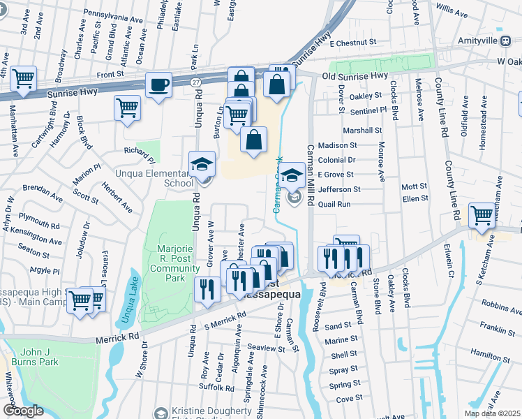 map of restaurants, bars, coffee shops, grocery stores, and more near 300 Belair Drive in Massapequa Park