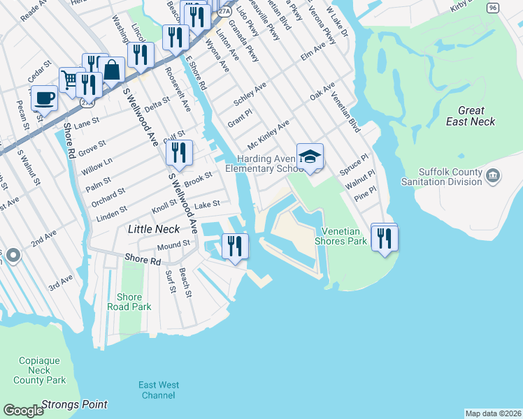 map of restaurants, bars, coffee shops, grocery stores, and more near 410 East Shore Road in Lindenhurst